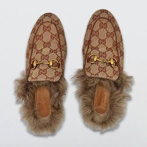 Gucci Princetown Loafer Slide Mule Slipper Fur Leather Trim Beige Brown 35